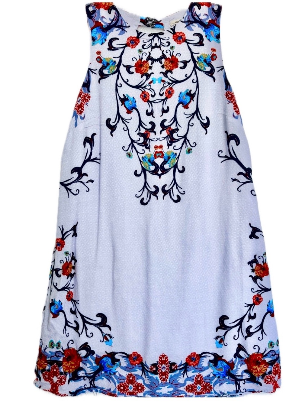 Ecote White A-Line Dress with Red and Blue Floral Print
